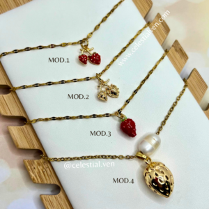 COLLARES DE ACERO CON BAÑO DE ORO REAL 18K FRESA CEREZA