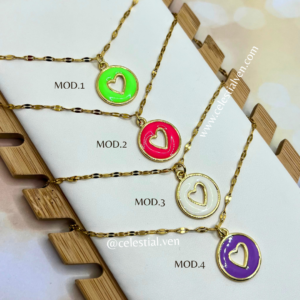 COLLARES DE ACERO CON BAÑO DE ORO REAL 18K CIRCULO CON CORAZÓN HUECO