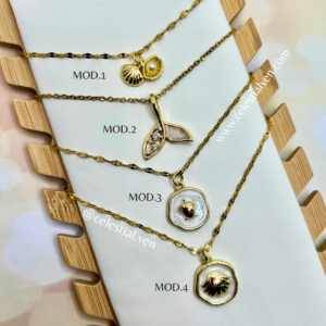COLLARES DE ACERO CON BAÑO DE ORO REAL 18K MAR MARINO CONCHA CON PERLA SIRENA TORTUGA VIEIRA