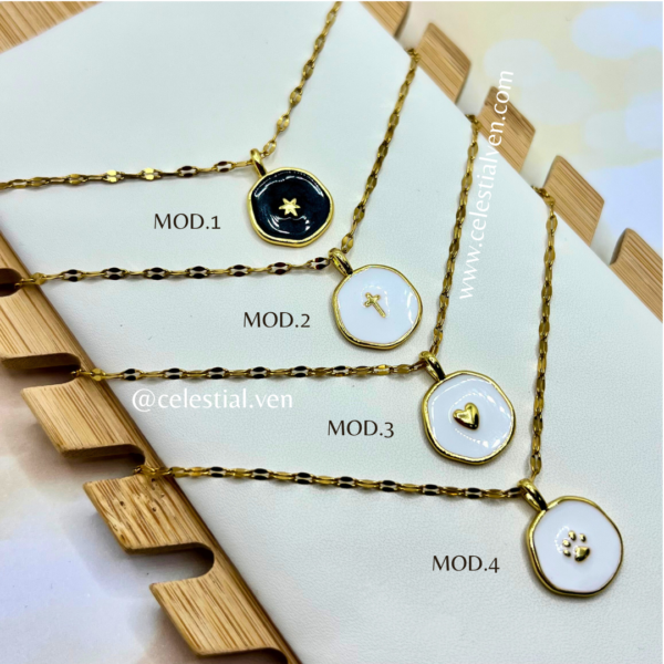 COLLARES DE ACERO CON BAÑO DE ORO REAL 18K HUELLA CORAZON CRUZ ESTRELLA