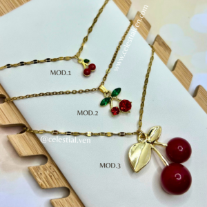 COLLARES DE ACERO CON BAÑO DE ORO REAL 18K CEREZAS