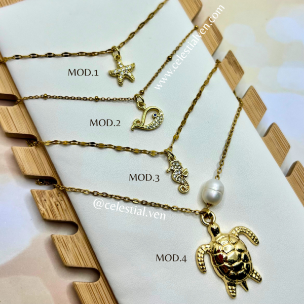 COLLARES DE ACERO CON BAÑO DE ORO REAL 18K ANIMALES MARINOS