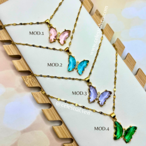 COLLARES DE ACERO CON BAÑO DE ORO REAL 18K MARIPOSA CRISTAL