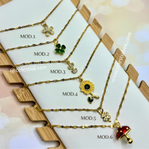 COLLARES DE ACERO CON BAÑO DE ORO REAL 18K HONGOS TREBOL GIRASOL CACTUS FLOR