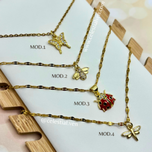 COLLARES DE ACERO CON BAÑO DE ORO REAL 18K MARIQUITA ABEJA LIBELULA MARIPOSA