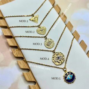 COLLARES DE ACERO CON BAÑO DE ORO REAL 18K OJO TURCO