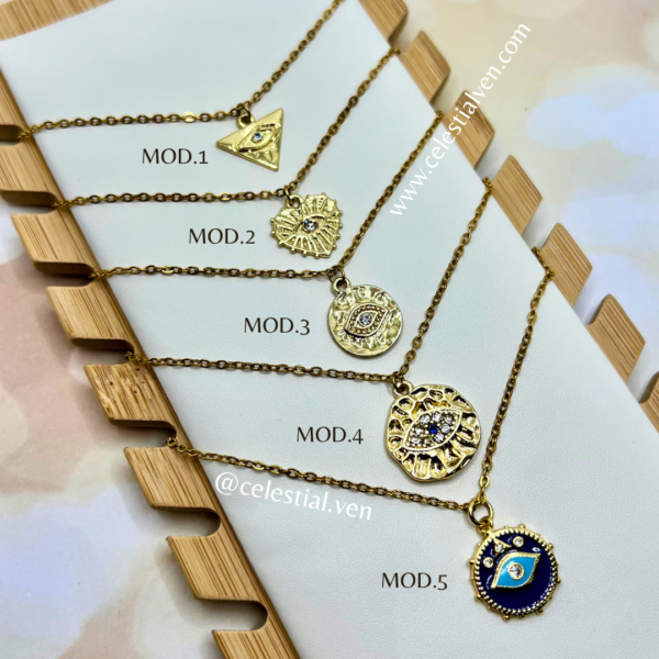 COLLARES DE ACERO CON BAÑO DE ORO REAL 18K OJO TURCO