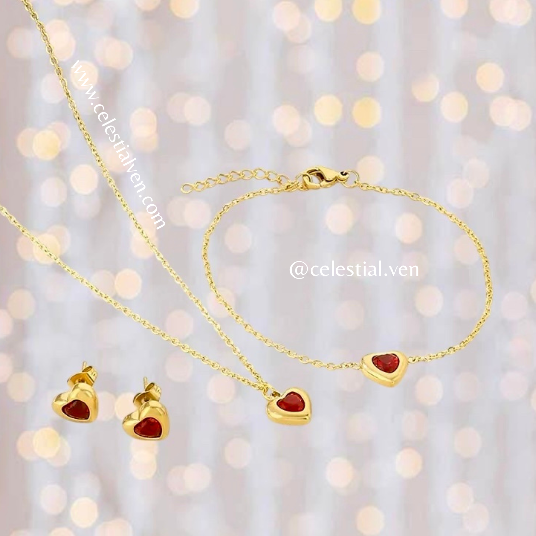 SET DE COLLAR Y ZARCILLOS, pulsera EN ACERO CON BAÑO DE ORO REAL 18K