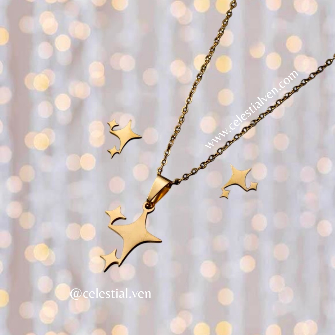 SET DE COLLAR Y ZARCILLOS EN ACERO CON BAÑO DE ORO REAL 18K