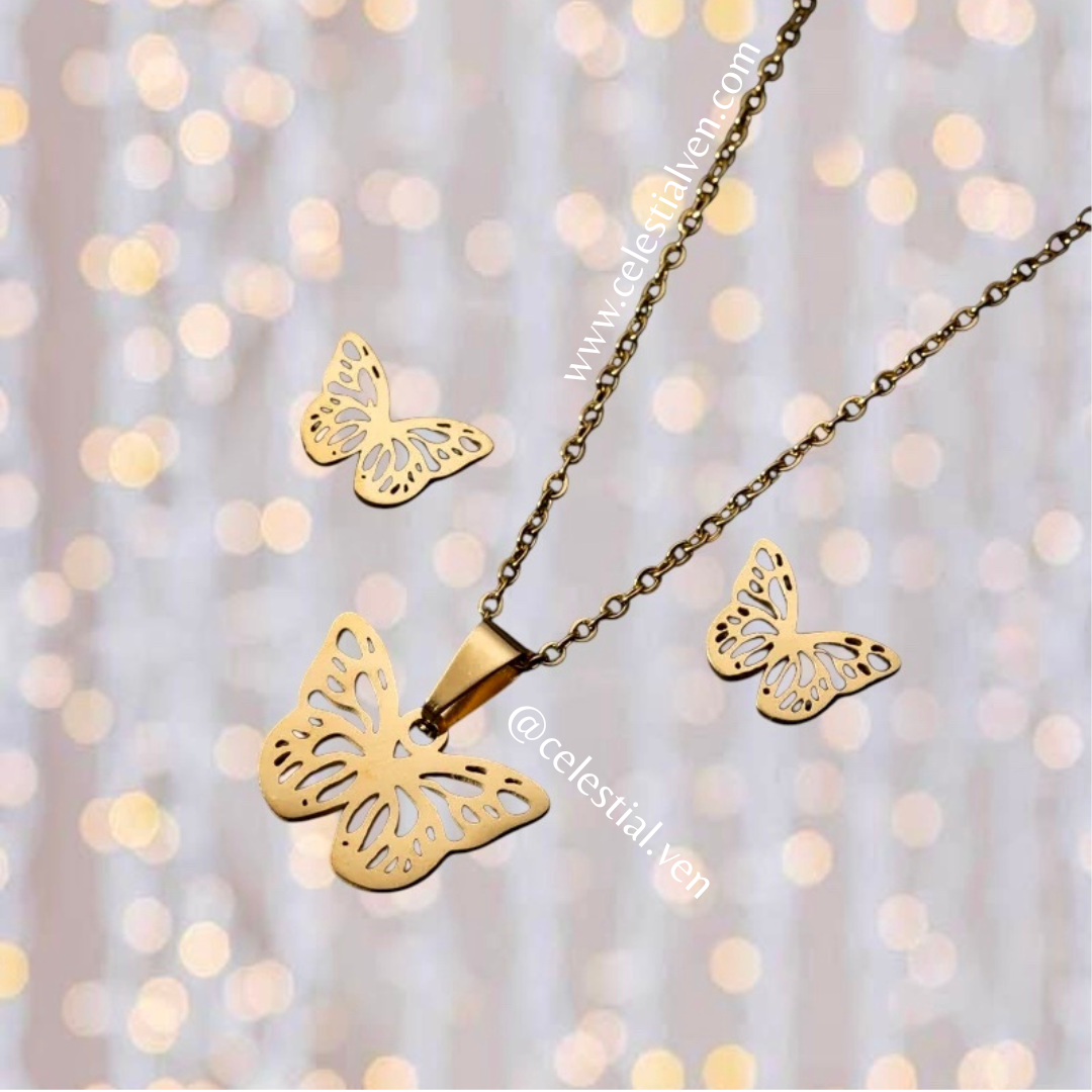 SET DE COLLAR Y ZARCILLOS EN ACERO CON BAÑO DE ORO REAL 18K mariposa