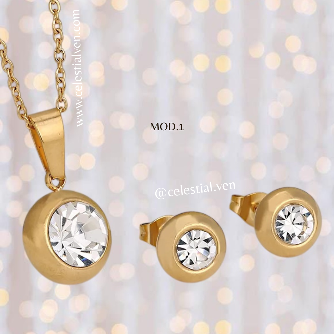 SET DE COLLAR Y ZARCILLOS EN ACERO CON BAÑO DE ORO REAL 18K