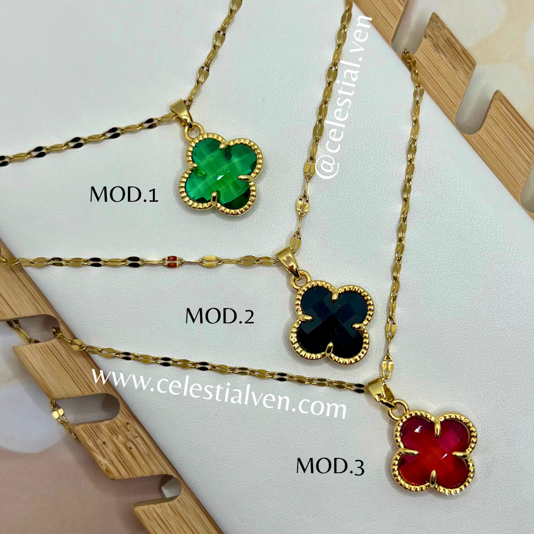 COLLARES DE ACERO CON BAÑO DE ORO REAL 18K trebol