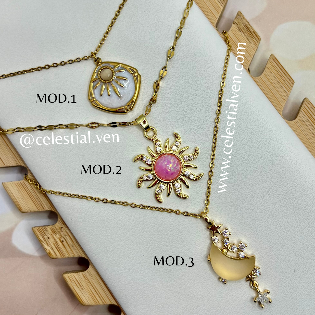 COLLARES DE ACERO CON BAÑO DE ORO REAL 18K SOL LUNA